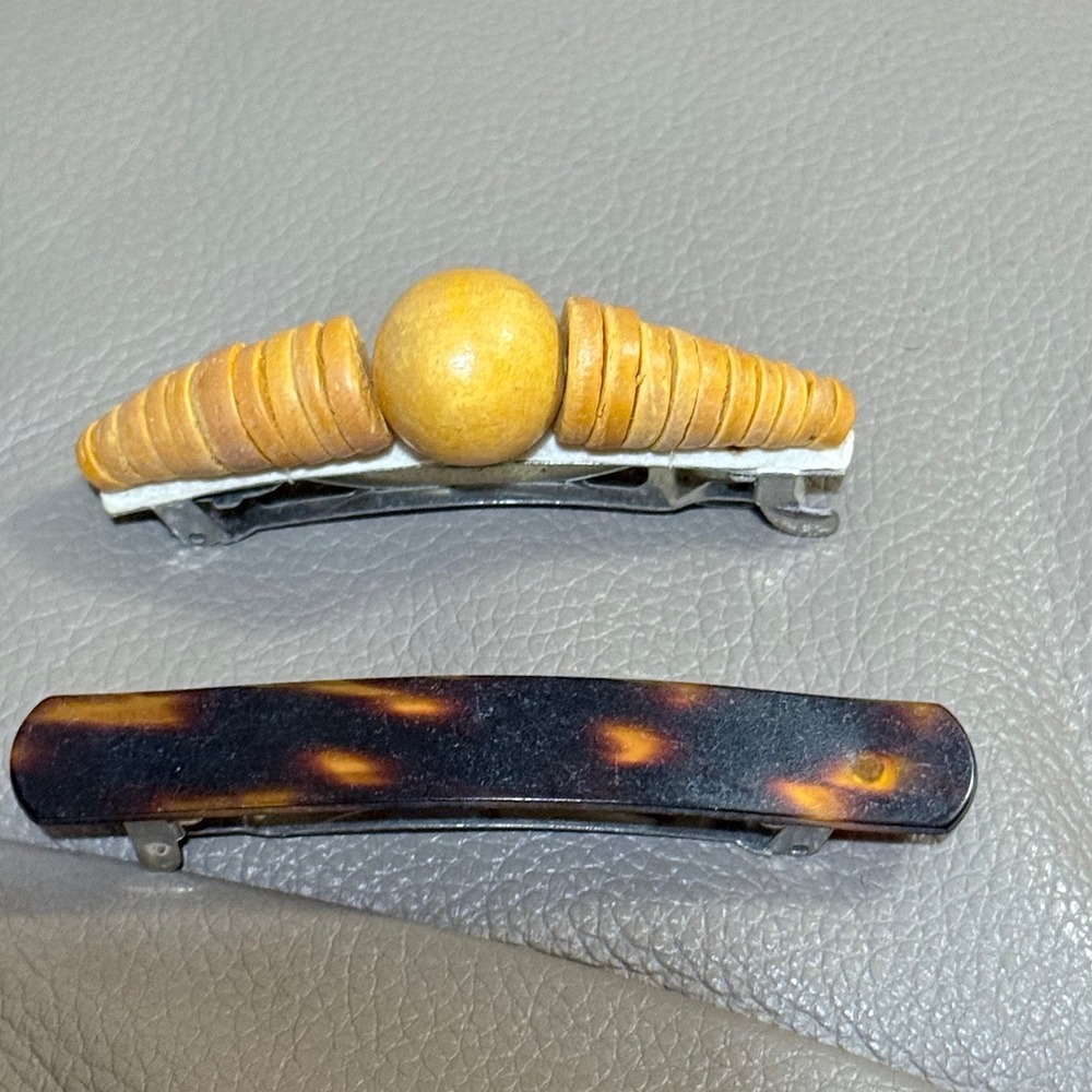 Vintage 80s Hair Barrette Set Wood Beaded Yellow and Tortoise Shell Resin Clips